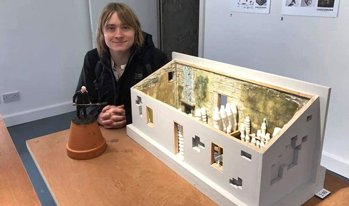Masters Fine Art student Pete Hanmer and his award-winning  Cheeseburn Trust model